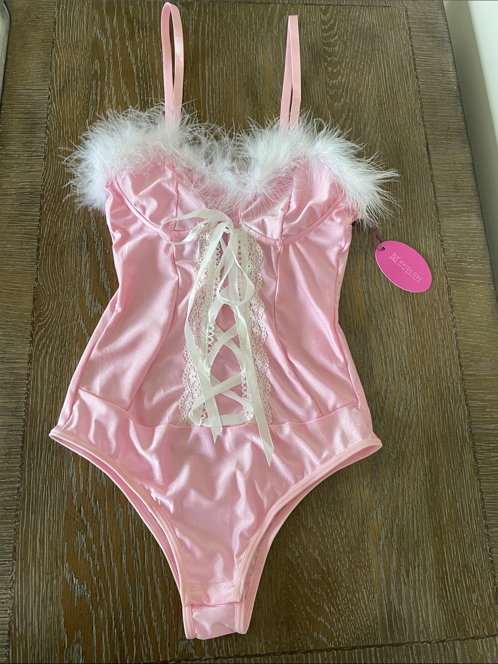 Avidlove Pink Satin Bodysuit with White Feather Trim
